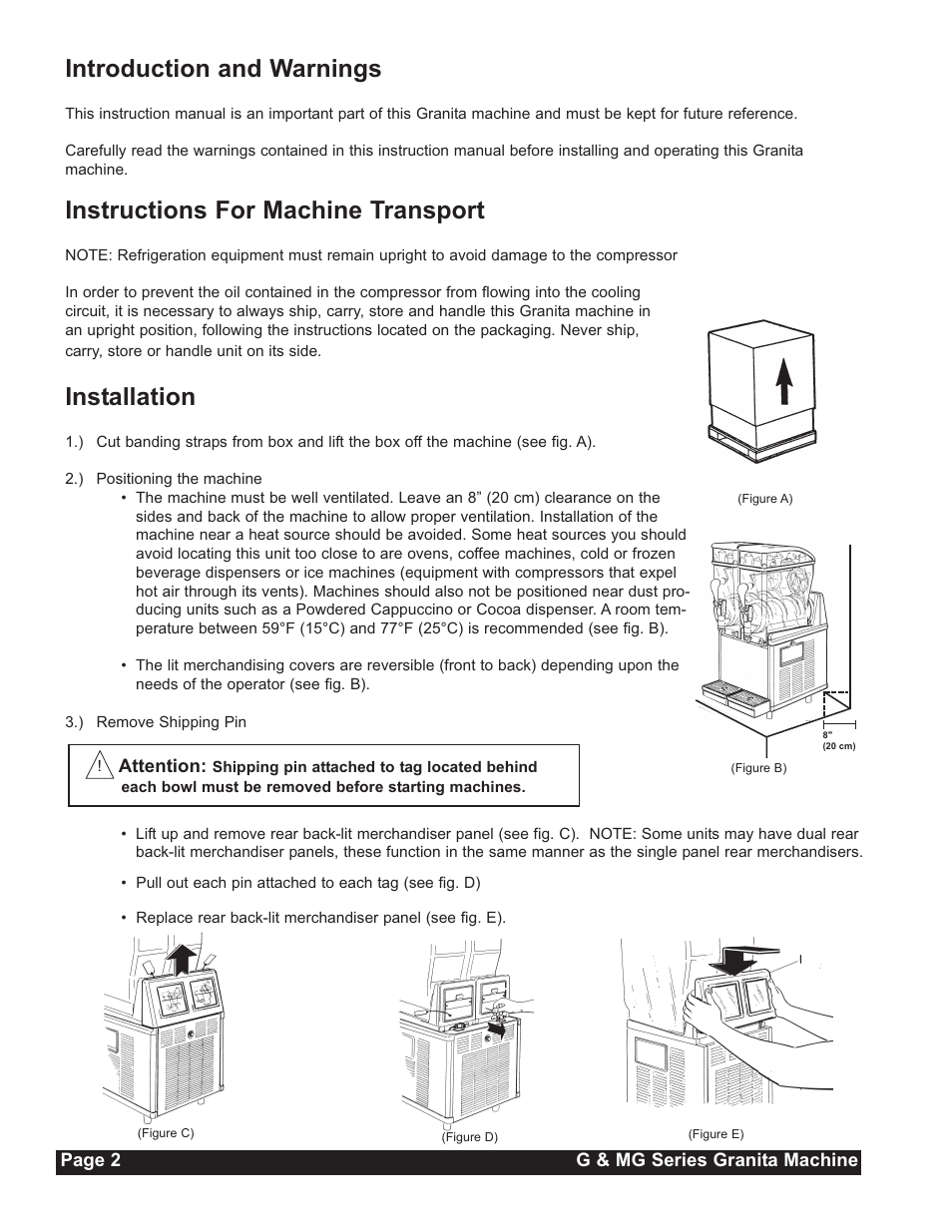 Introduction and warnings, Instructions for machine transport, Installation | Grindmaster G23-2B User Manual | Page 2 / 36