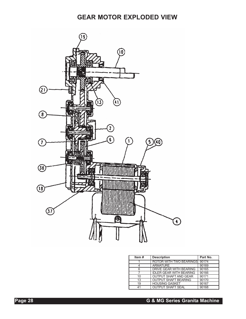 Gear motor exploded view, Page 28 g & mg series granita machine | Grindmaster G23-2B User Manual | Page 28 / 36