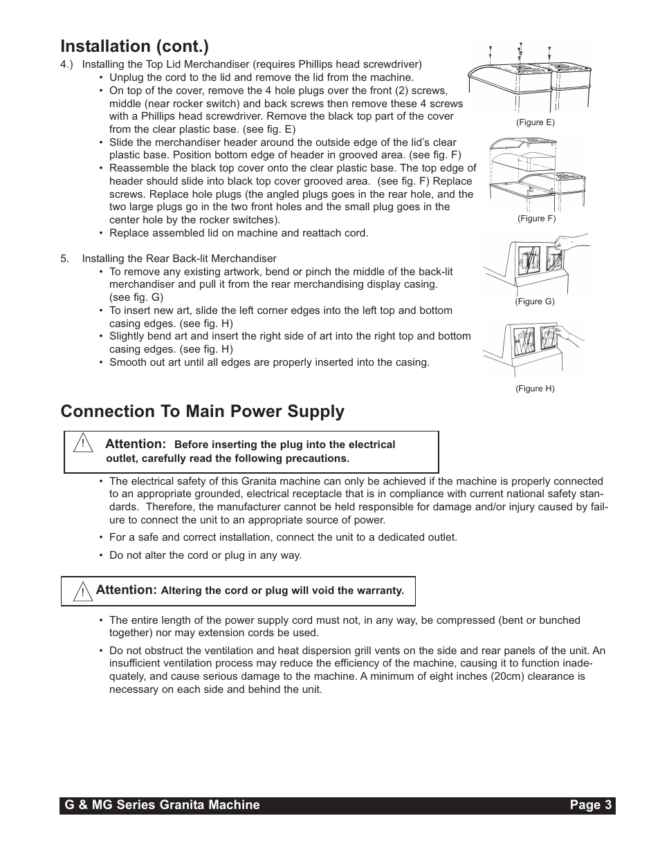 Installation (cont.), Connection to main power supply | Grindmaster G23-2B User Manual | Page 3 / 36