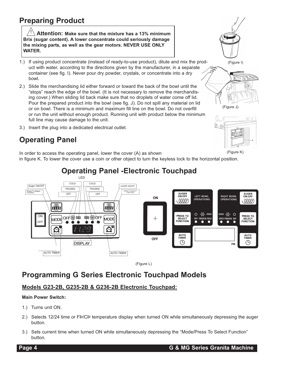 Preparing product, Operating panel, Page 4 g & mg series granita machine | Attention | Grindmaster G23-2B User Manual | Page 4 / 36