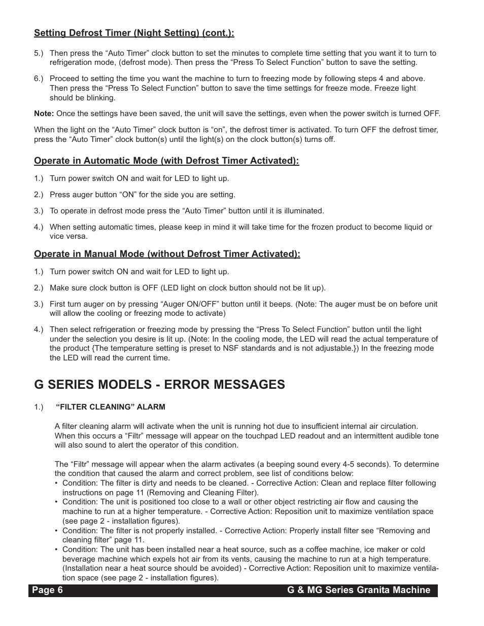 G series models - error messages | Grindmaster G23-2B User Manual | Page 6 / 36