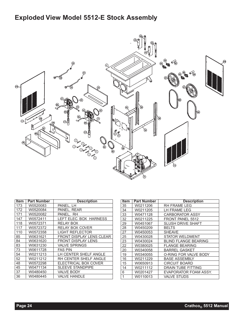 Exploded view model 5512-e stock assembly | Grindmaster 5512 User Manual | Page 24 / 44