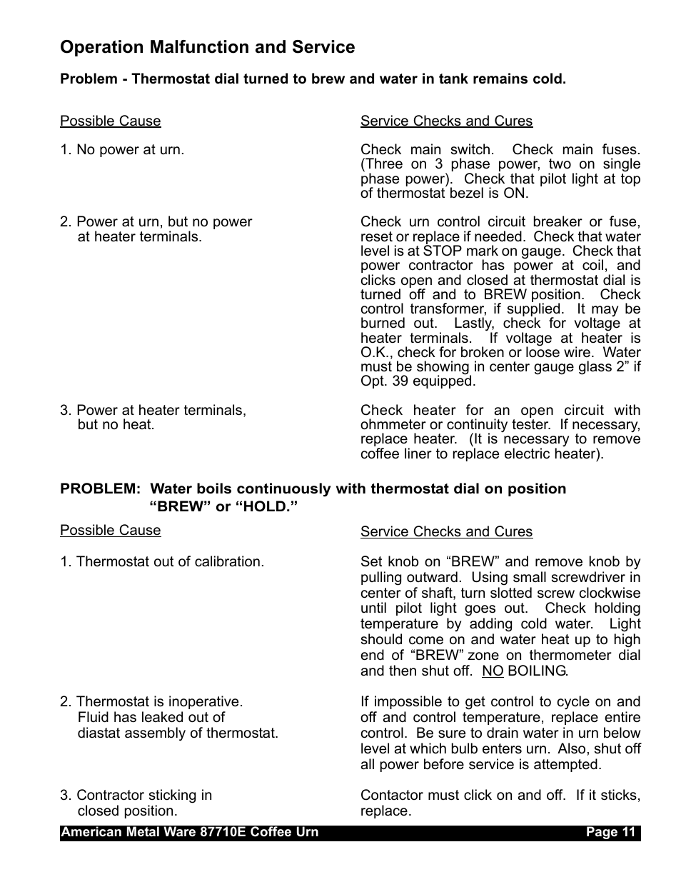 Operation malfunction and service | Grindmaster AMERICAN METAL WARE 87710 User Manual | Page 10 / 26