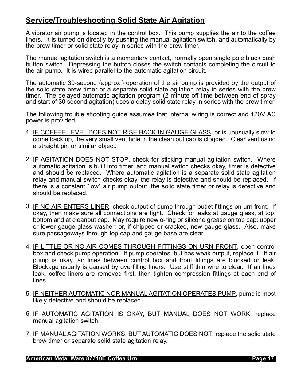 Service/troubleshooting solid state air agitation | Grindmaster AMERICAN METAL WARE 87710 User Manual | Page 16 / 26