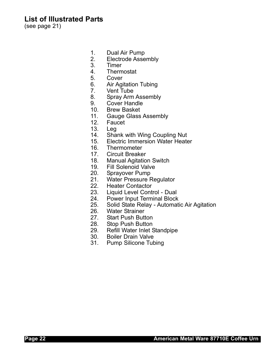 List of illustrated parts | Grindmaster AMERICAN METAL WARE 87710 User Manual | Page 21 / 26