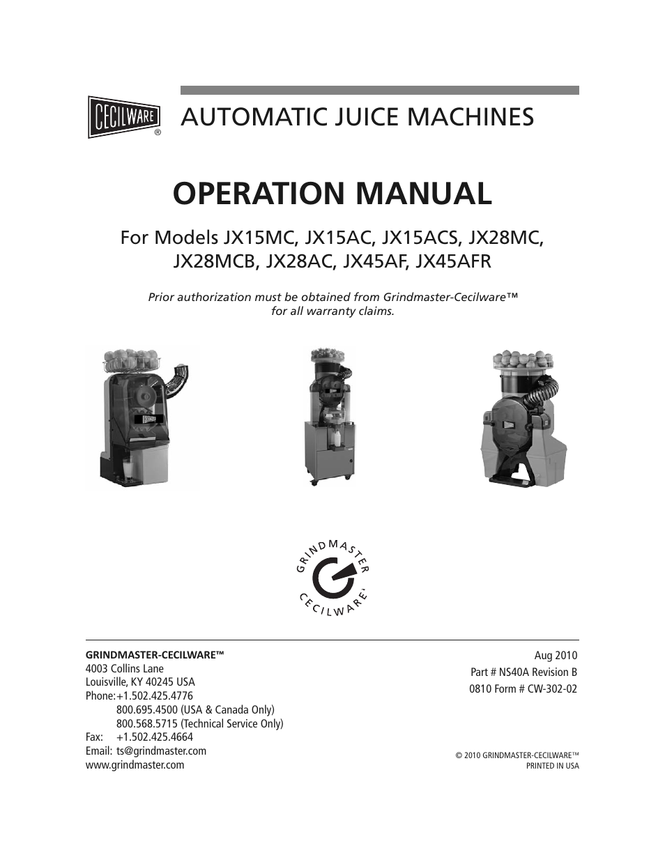 Grindmaster JX45AF User Manual | 10 pages