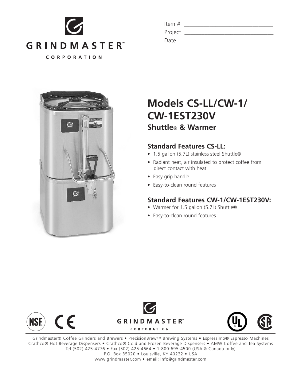 Grindmaster Shuttle & Warmer CS-LL User Manual | 2 pages
