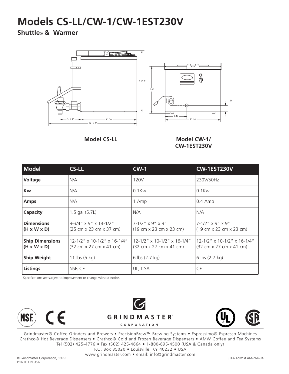 Shuttle, Warmer | Grindmaster Shuttle & Warmer CS-LL User Manual | Page 2 / 2