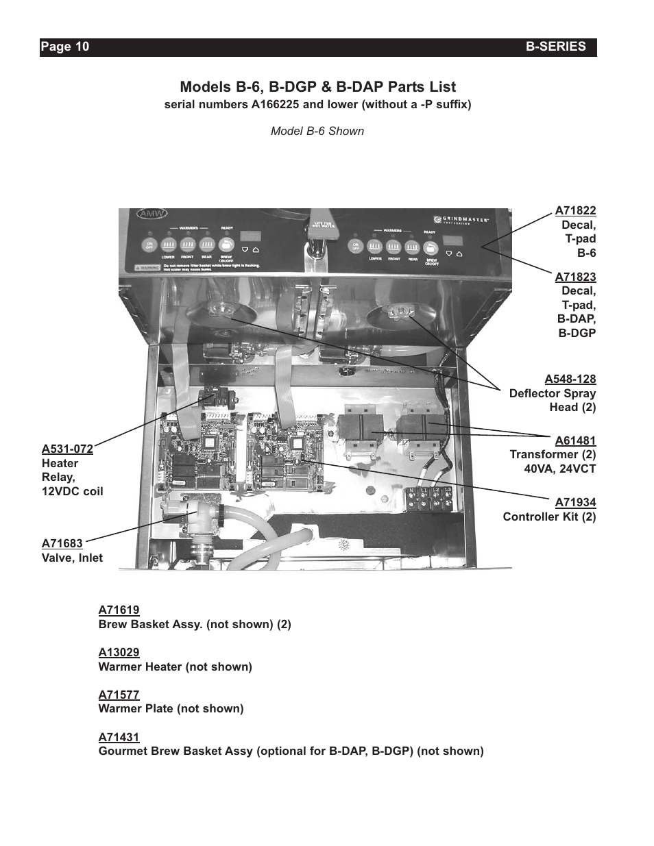 Models b-6, b-dgp & b-dap parts list | Grindmaster Insulated Decanter Brewer AMW B-Series User Manual | Page 10 / 24