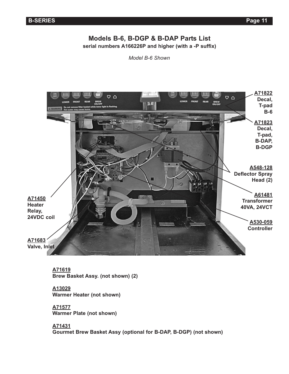 Models b-6, b-dgp & b-dap parts list | Grindmaster Insulated Decanter Brewer AMW B-Series User Manual | Page 11 / 24