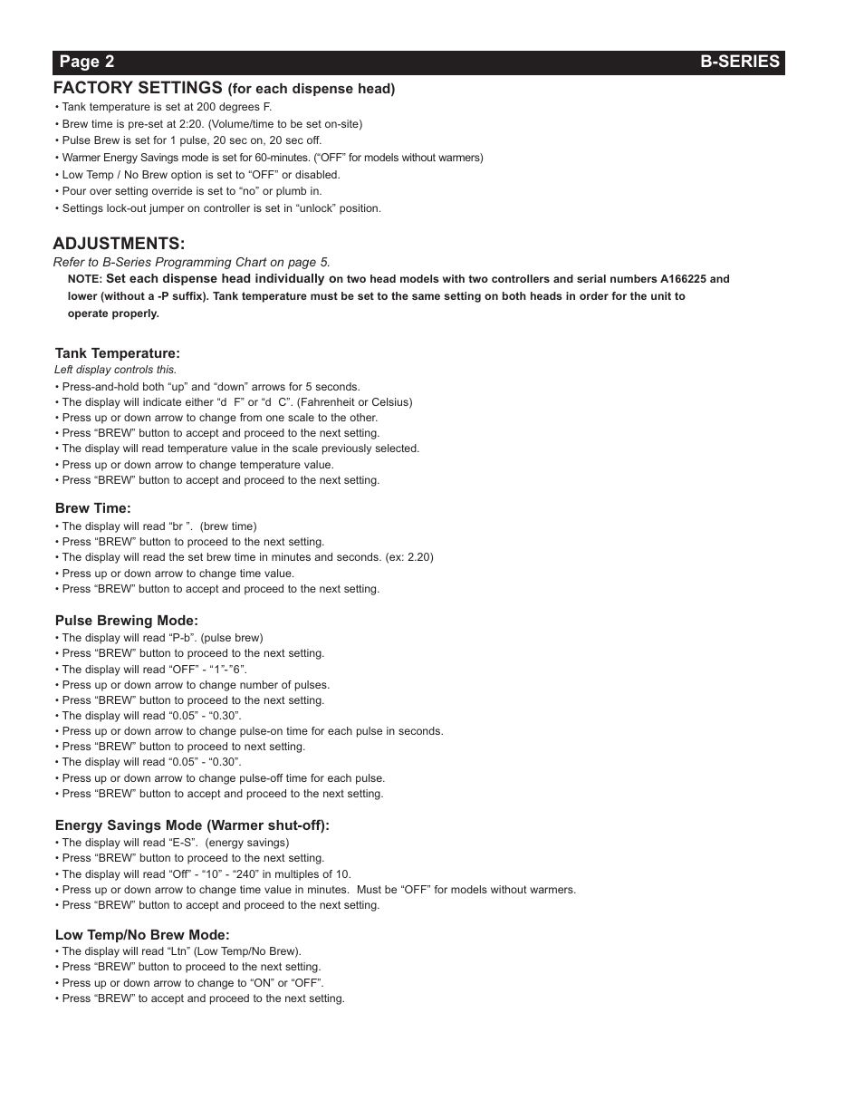 Factory settings, Adjustments, Page 2 b-series | Grindmaster Insulated Decanter Brewer AMW B-Series User Manual | Page 2 / 24