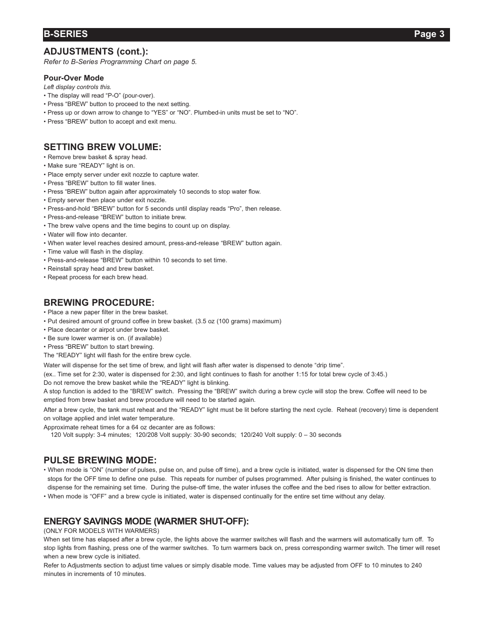 B-series page 3 adjustments (cont.), Setting brew volume, Brewing procedure | Pulse brewing mode, Energy savings mode (warmer shut-off) | Grindmaster Insulated Decanter Brewer AMW B-Series User Manual | Page 3 / 24