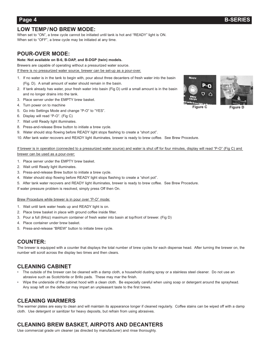 Page 4 b-series low temp / no brew mode, Pour-over mode, Counter | Cleaning cabinet, Cleaning warmers, Cleaning brew basket, airpots and decanters | Grindmaster Insulated Decanter Brewer AMW B-Series User Manual | Page 4 / 24