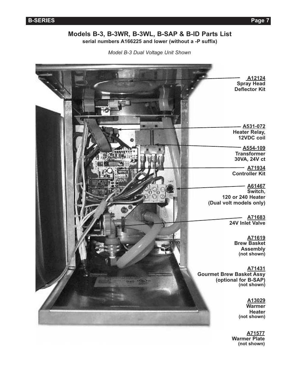 Models b-3, b-3wr, b-3wl, b-sap & b-id parts list | Grindmaster Insulated Decanter Brewer AMW B-Series User Manual | Page 7 / 24