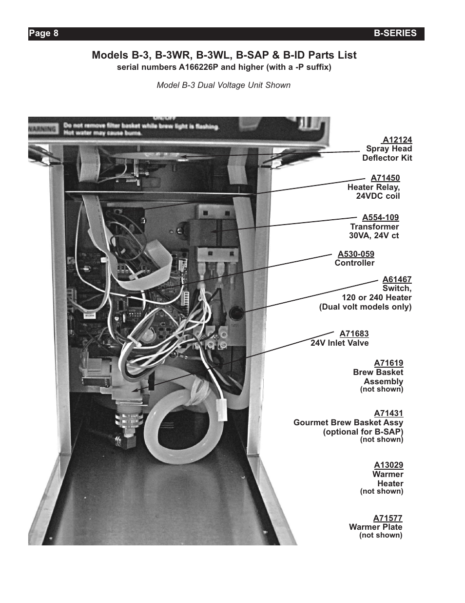 Models b-3, b-3wr, b-3wl, b-sap & b-id parts list | Grindmaster Insulated Decanter Brewer AMW B-Series User Manual | Page 8 / 24