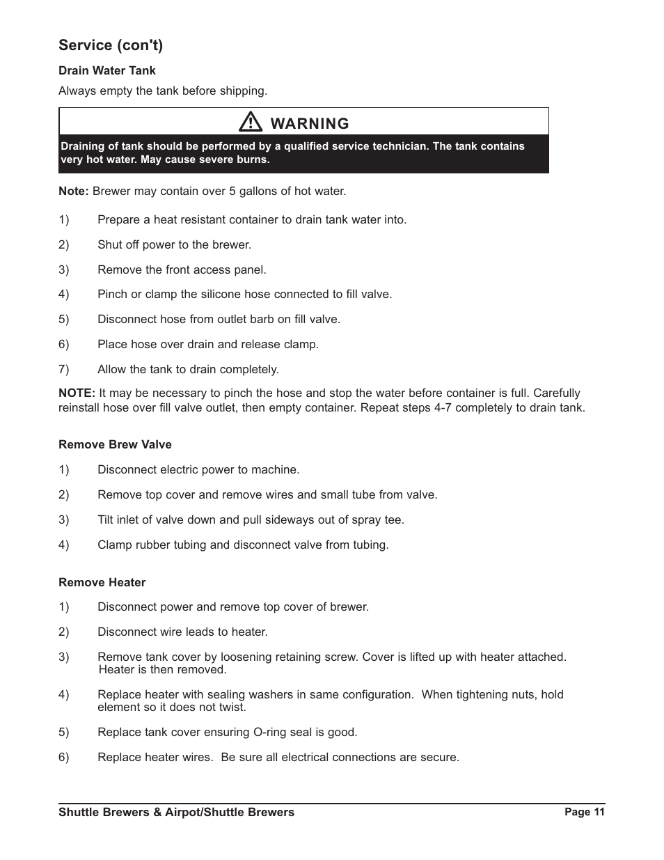 Service (con't), Warning | Grindmaster RAPS400E User Manual | Page 11 / 36