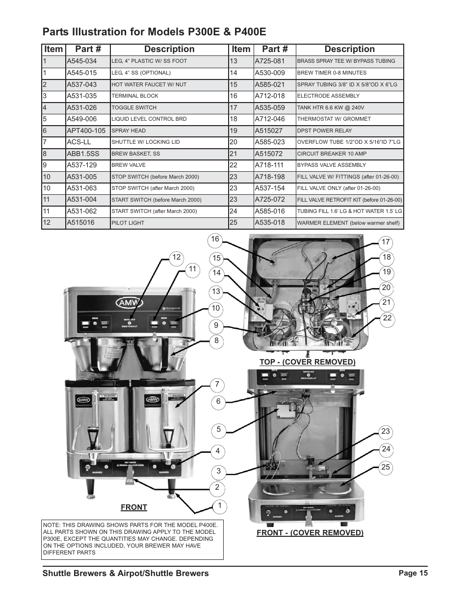 Item part # description item part # description, Shuttle brewers & airpot/shuttle brewers | Grindmaster RAPS400E User Manual | Page 15 / 36