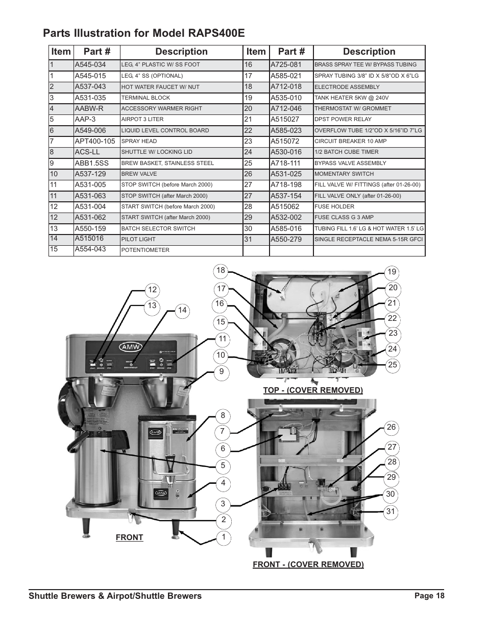 Front, Parts illustration for model raps400e, Item part # description item part # description | Grindmaster RAPS400E User Manual | Page 18 / 36