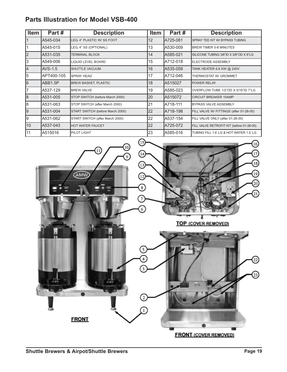 Parts illustration for model vsb-400, Item part # description item part # description, Shuttle brewers & airpot/shuttle brewers | Grindmaster RAPS400E User Manual | Page 19 / 36