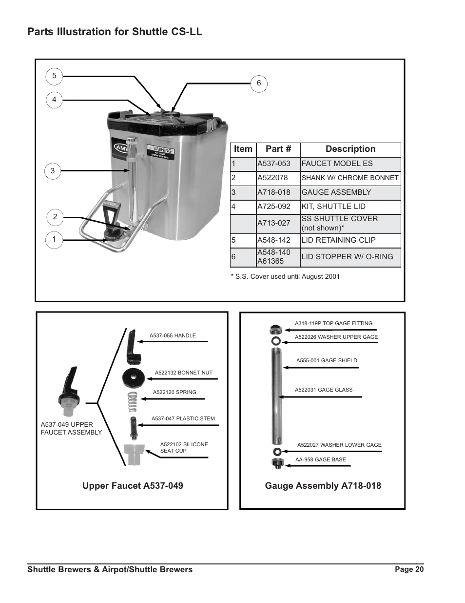 Parts illustration for shuttle cs-ll, Item part # description | Grindmaster RAPS400E User Manual | Page 20 / 36