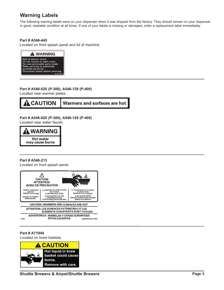 Caution, Warning labels | Grindmaster RAPS400E User Manual | Page 3 / 36