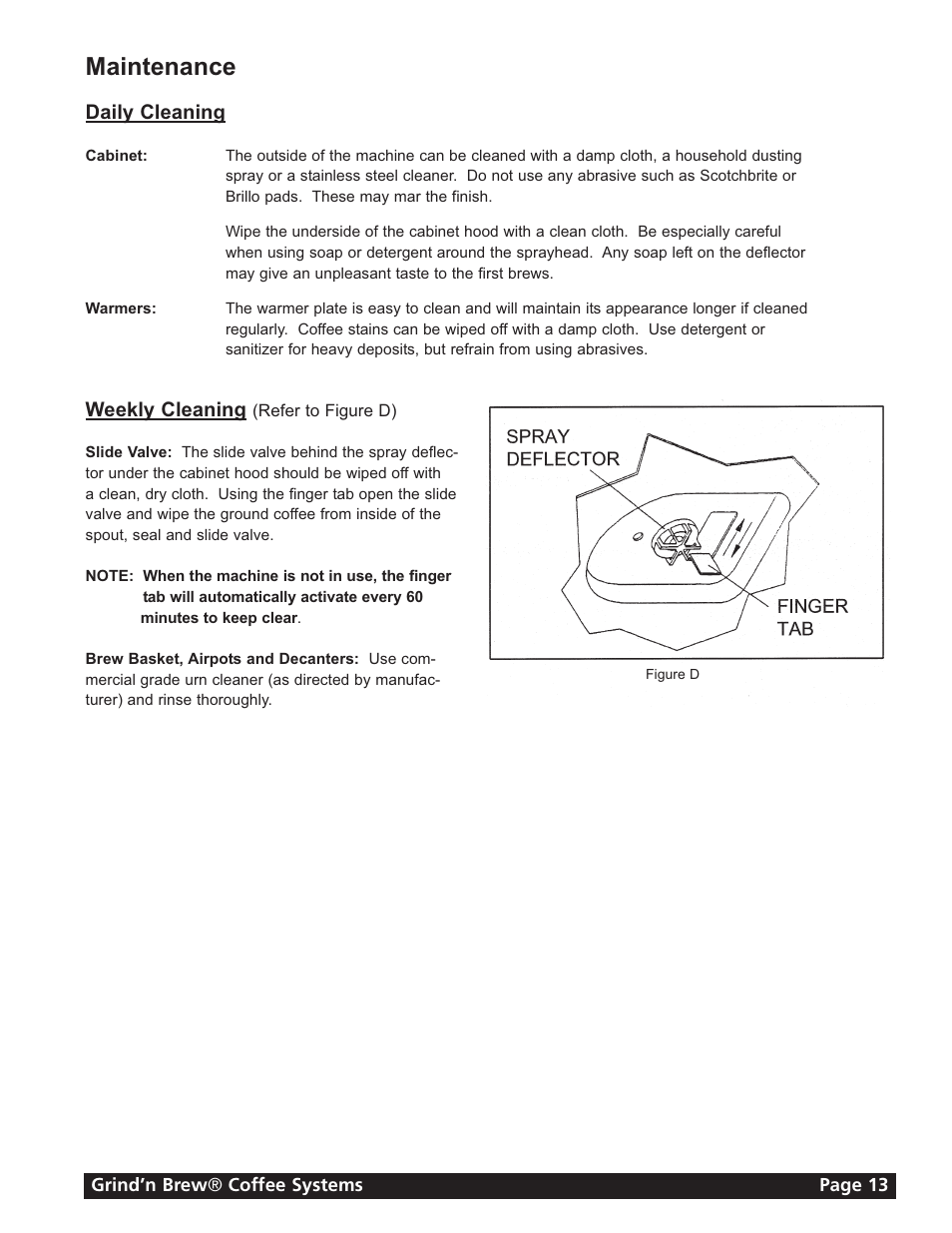 Maintenance, Daily cleaning, Weekly cleaning | Grindmaster GRIND'N BREW 21H User Manual | Page 13 / 24