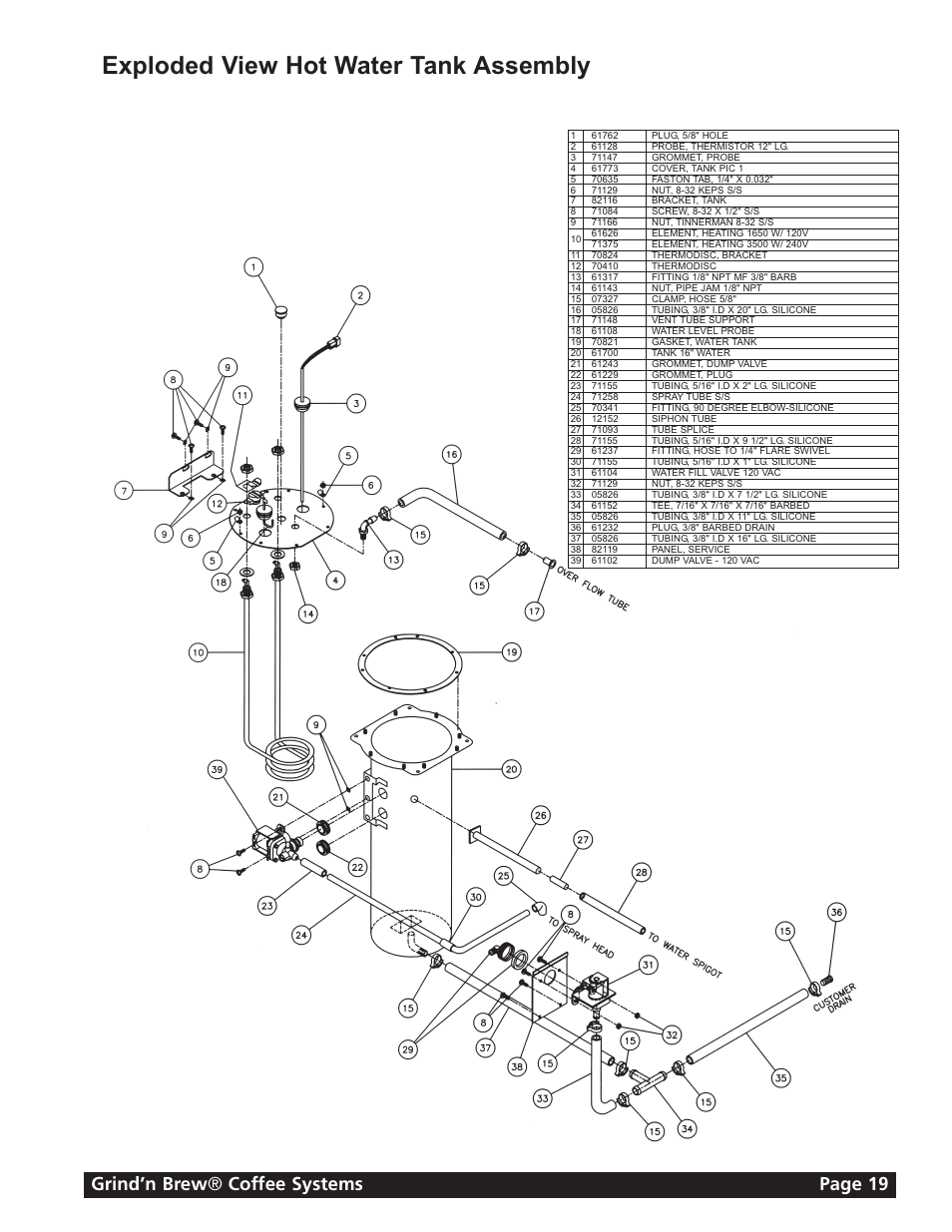 Exploded view hot water tank assembly, Grind’n brew ® coffee systems page 19 | Grindmaster GRIND'N BREW 21H User Manual | Page 19 / 24