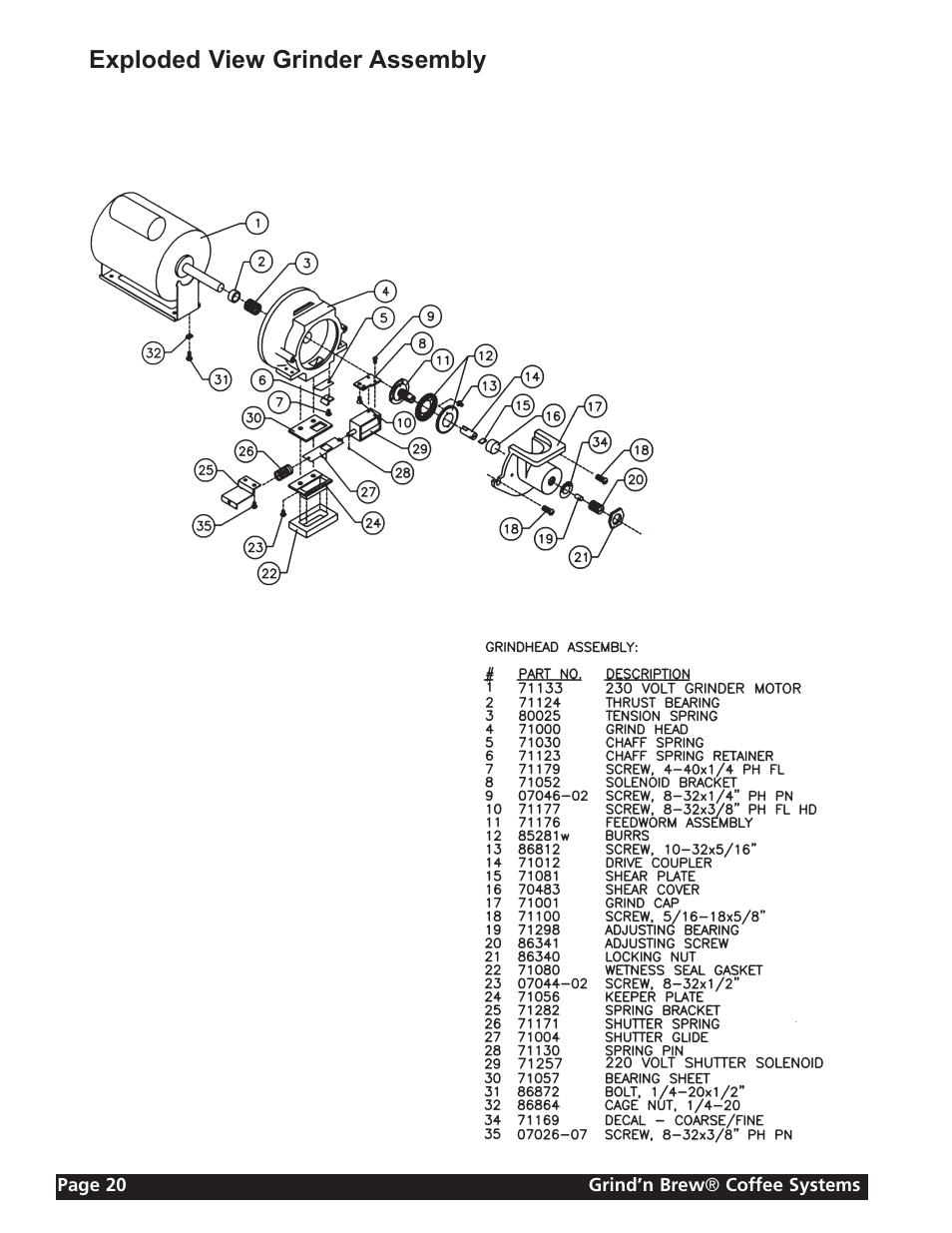 Exploded view grinder assembly | Grindmaster GRIND'N BREW 21H User Manual | Page 20 / 24