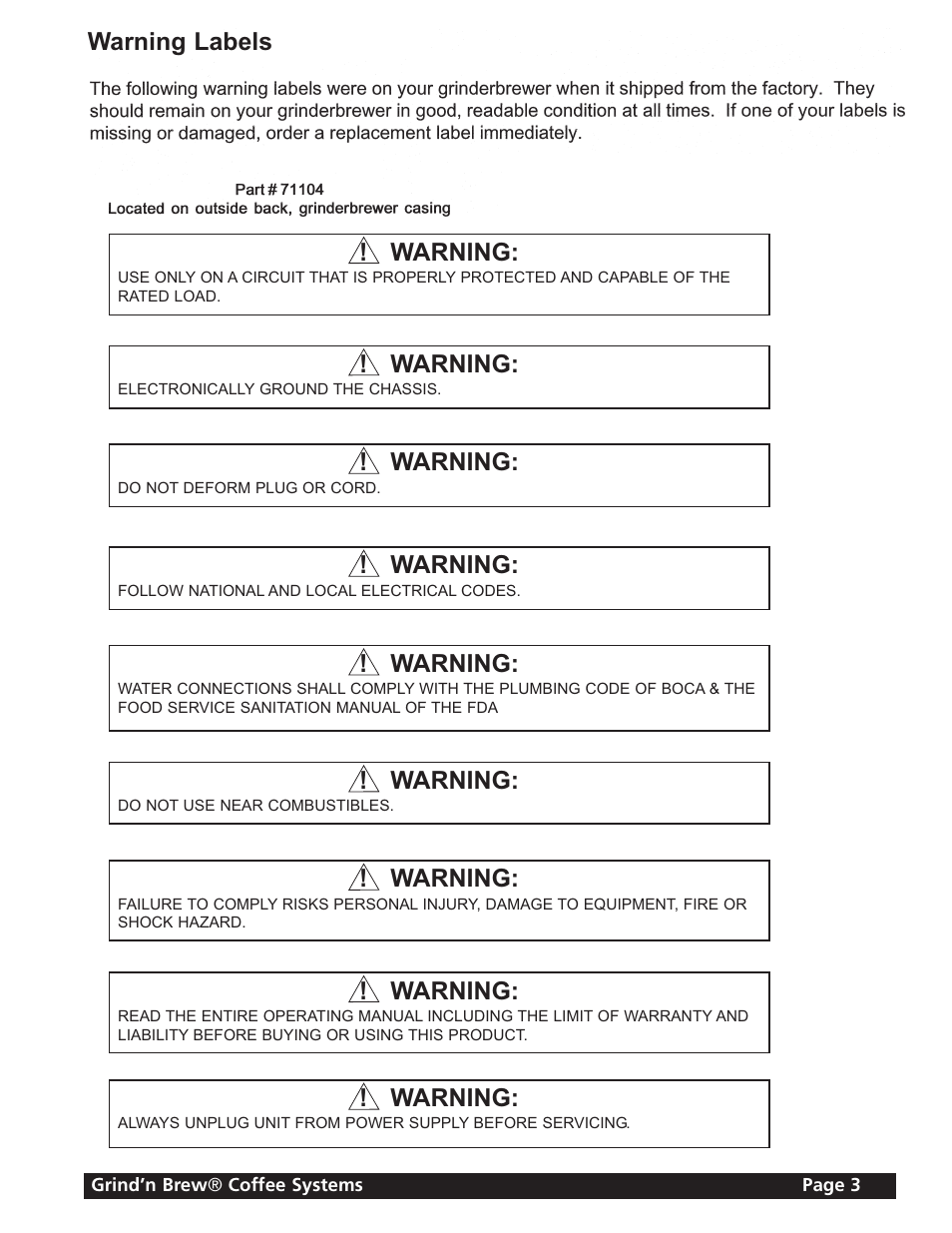 Warning labels ! warning, Warning | Grindmaster GRIND'N BREW 21H User Manual | Page 3 / 24