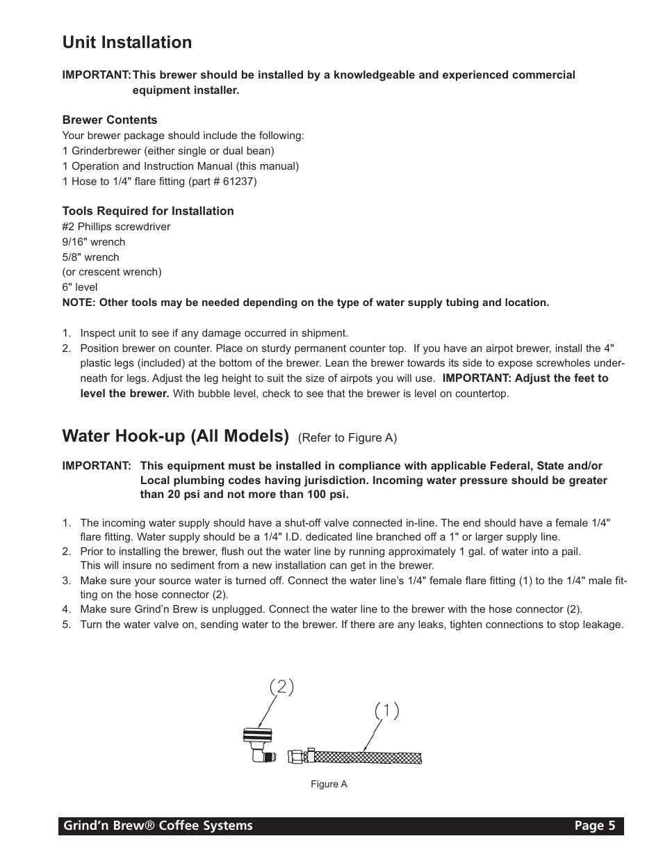 Unit installation, Water hook-up (all models) | Grindmaster GRIND'N BREW 21H User Manual | Page 5 / 24