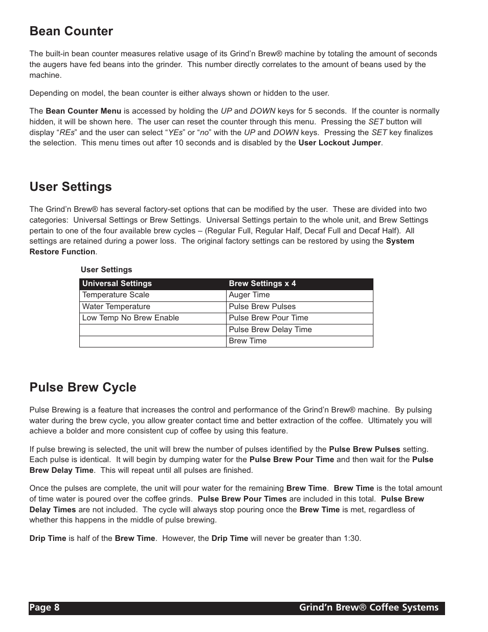 User settings, Pulse brew cycle, Bean counter | Grindmaster GRIND'N BREW 21H User Manual | Page 8 / 24