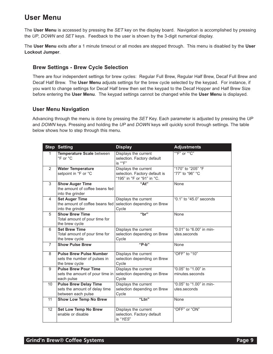 User menu, Grind’n brew ® coffee systems page 9, Brew settings - brew cycle selection | User menu navigation | Grindmaster GRIND'N BREW 21H User Manual | Page 9 / 24