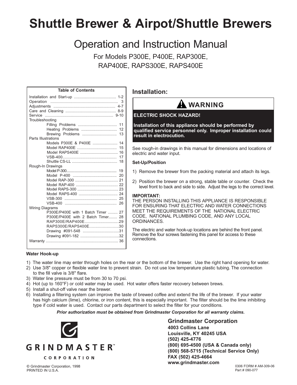 Grindmaster P400E User Manual | 36 pages