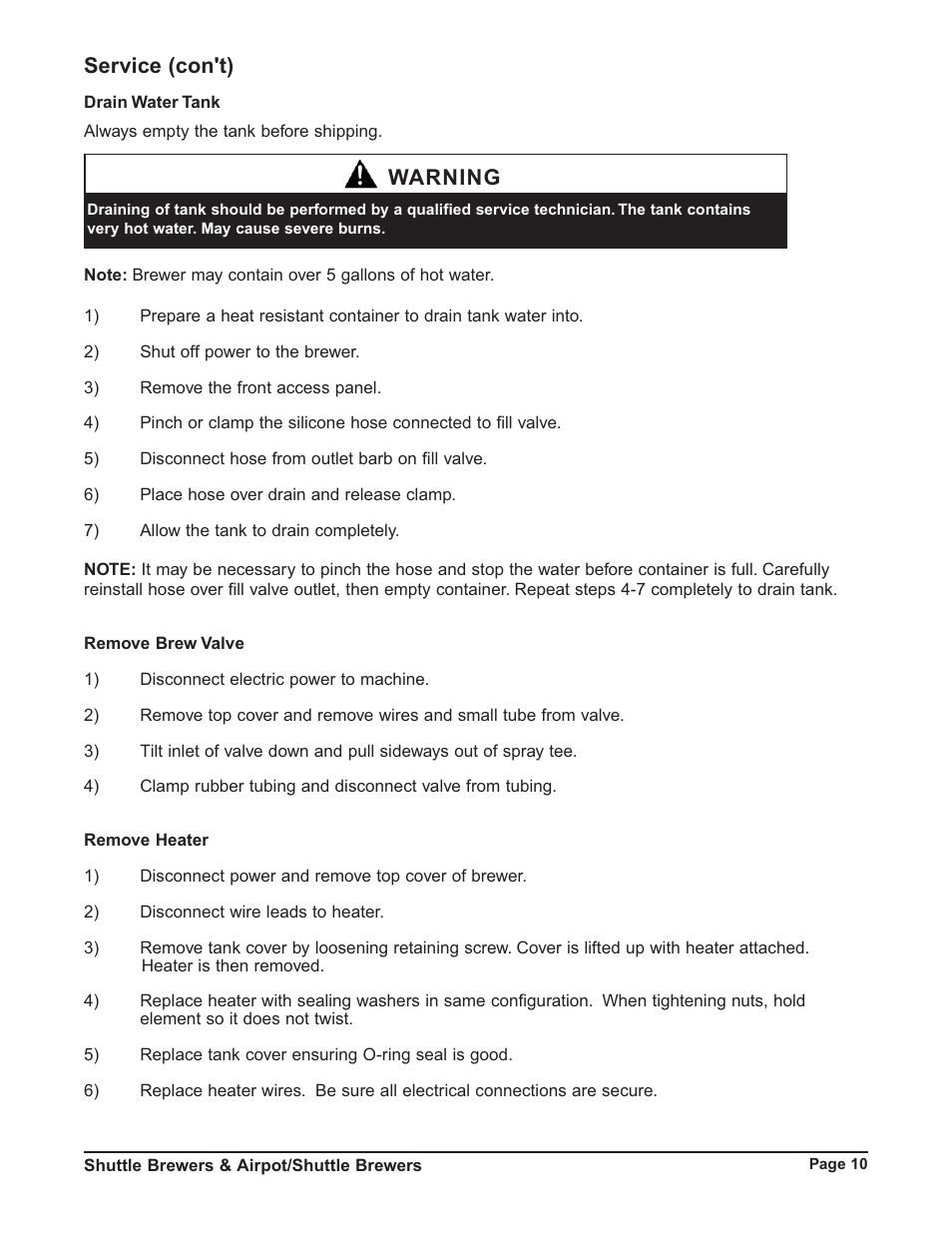 Service (con't), Warning | Grindmaster P400E User Manual | Page 10 / 36