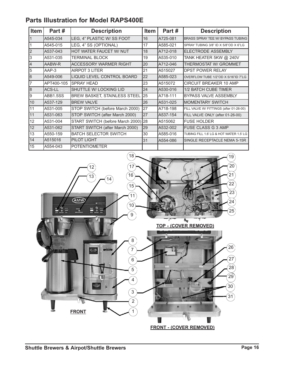 Front, Parts illustration for model raps400e, Item part # description item part # description | Grindmaster P400E User Manual | Page 16 / 36