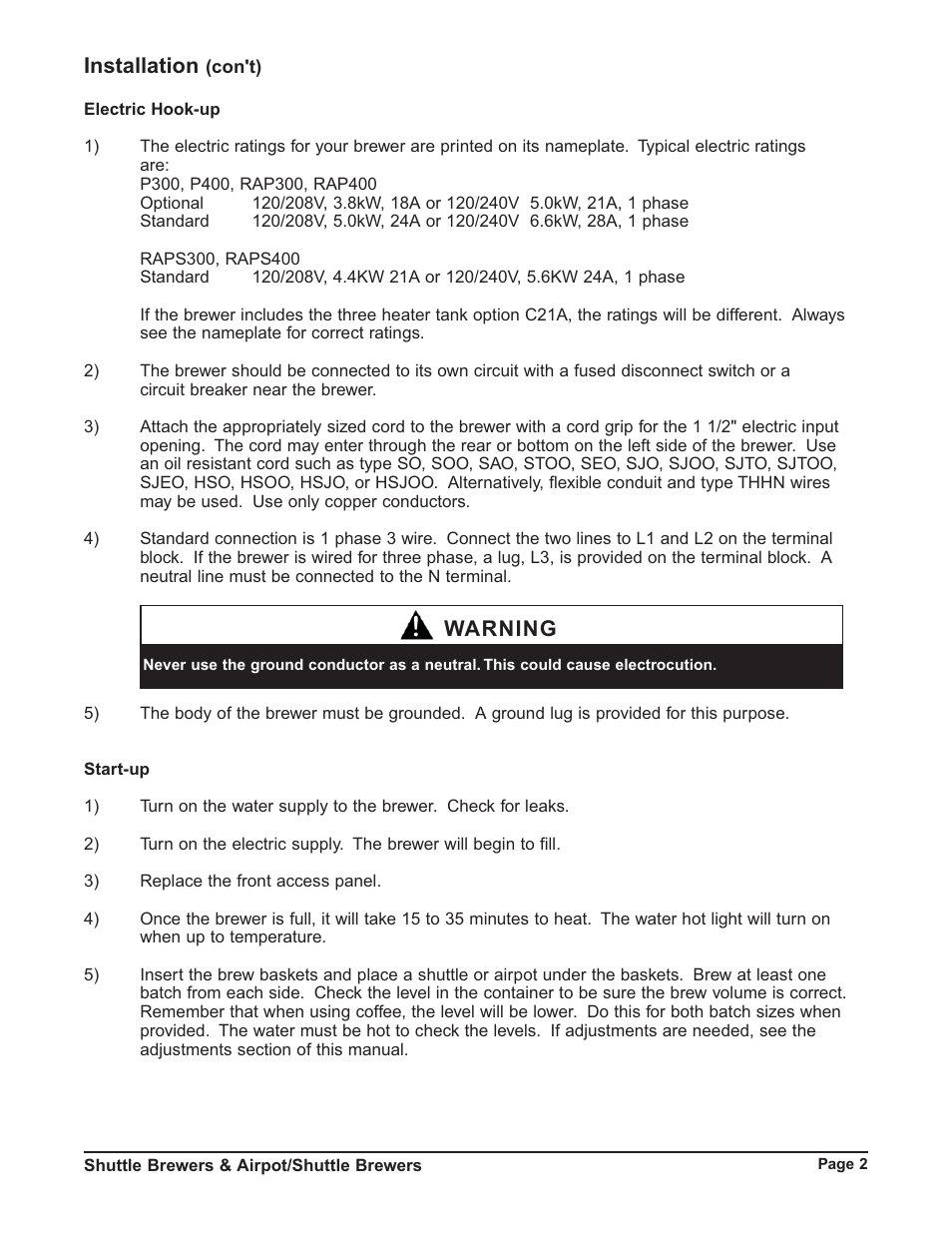 Installation, Warning | Grindmaster P400E User Manual | Page 2 / 36