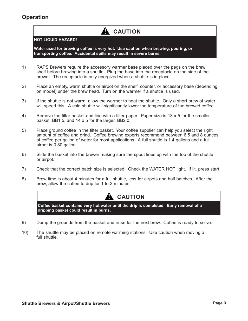 Operation, Caution | Grindmaster P400E User Manual | Page 3 / 36
