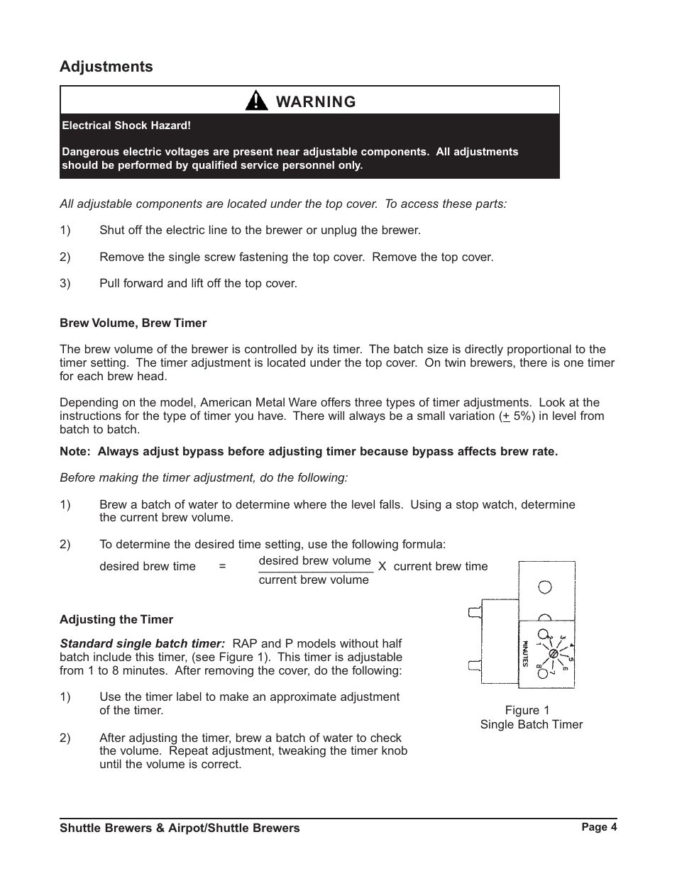 Adjustments, Warning | Grindmaster P400E User Manual | Page 4 / 36