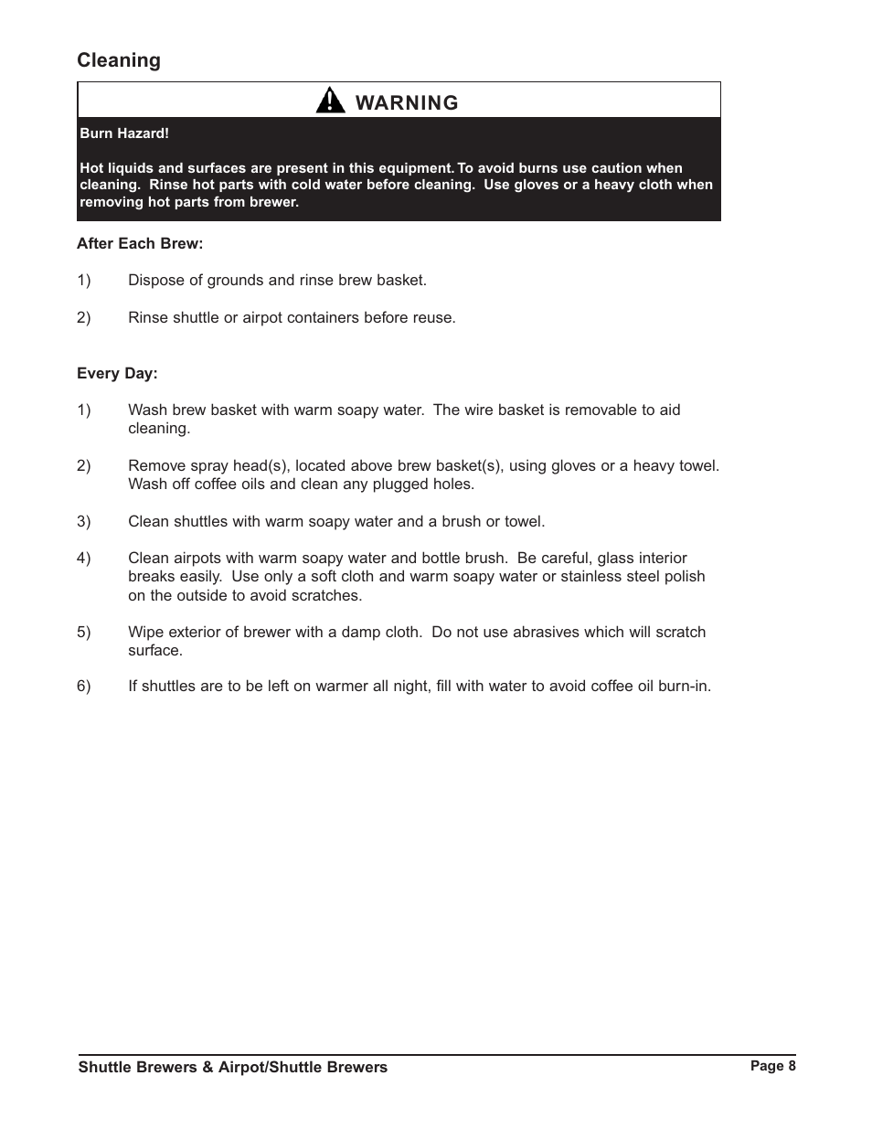 Cleaning, Warning | Grindmaster P400E User Manual | Page 8 / 36