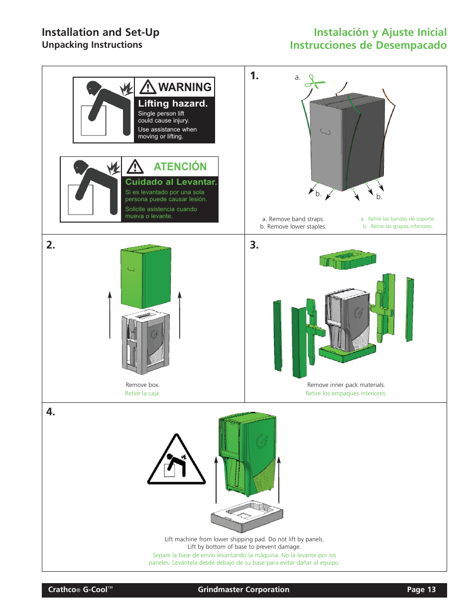 Warning, Installation and set-up, Atención | Grindmaster Model CC-326-03 User Manual | Page 13 / 16