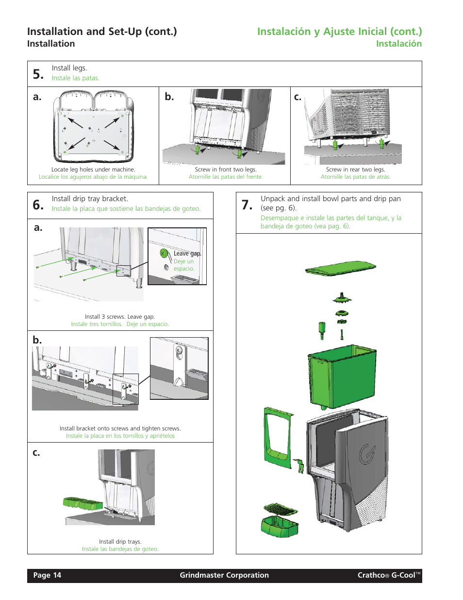 Installation and set-up (cont.), Instalación y ajuste inicial (cont.), A. b. c. c. b | Grindmaster Model CC-326-03 User Manual | Page 14 / 16