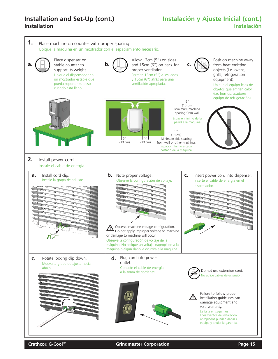 Installation and set-up (cont.), Instalación y ajuste inicial (cont.), Installation | Instalación, A. c. c | Grindmaster Model CC-326-03 User Manual | Page 15 / 16