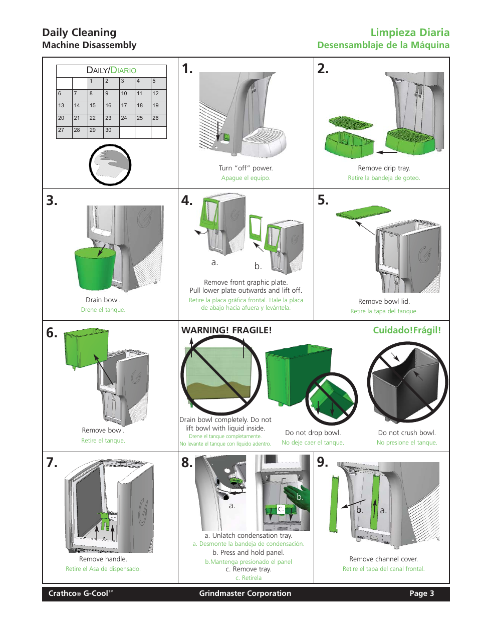 Daily cleaning, Limpieza diaria, Machine disassembly | Desensamblaje de la máquina, A. b, B. d, Warning! fragile! cuidado!frágil! a | Grindmaster Model CC-326-03 User Manual | Page 3 / 16