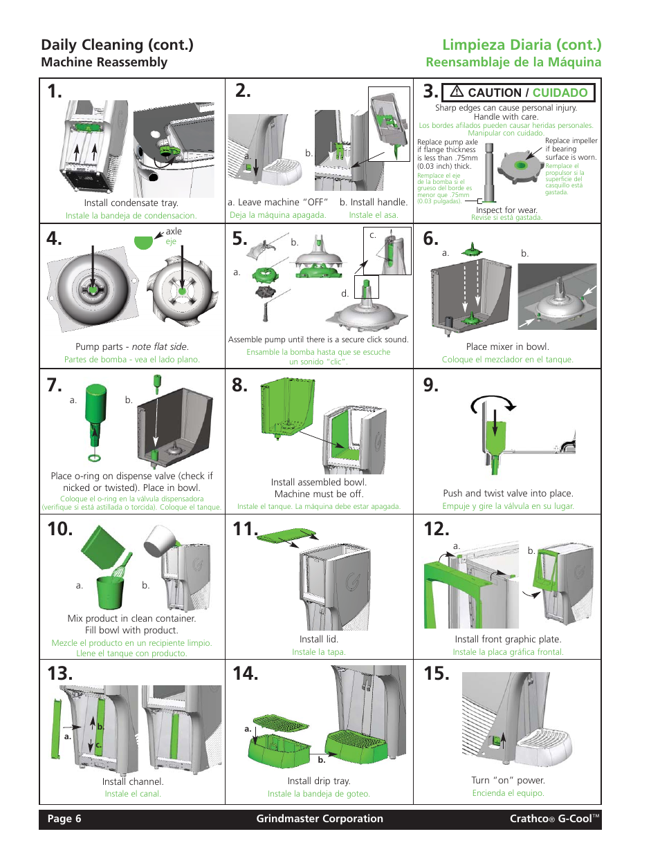 Daily cleaning (cont.), Limpieza diaria (cont.) | Grindmaster Model CC-326-03 User Manual | Page 6 / 16