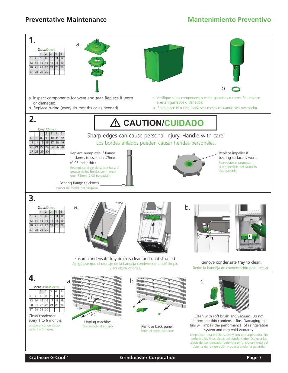 Caution/ cuidado, Preventative maintenance mantenimiento preventivo, A. b. a. c | A. b. b | Grindmaster Model CC-326-03 User Manual | Page 7 / 16