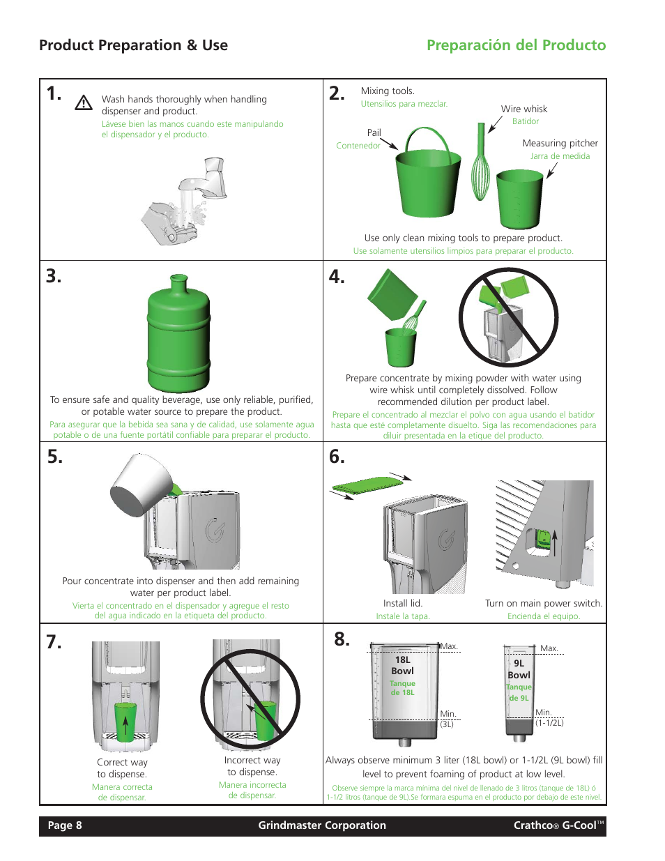 Product preparation & use preparación del producto | Grindmaster Model CC-326-03 User Manual | Page 8 / 16