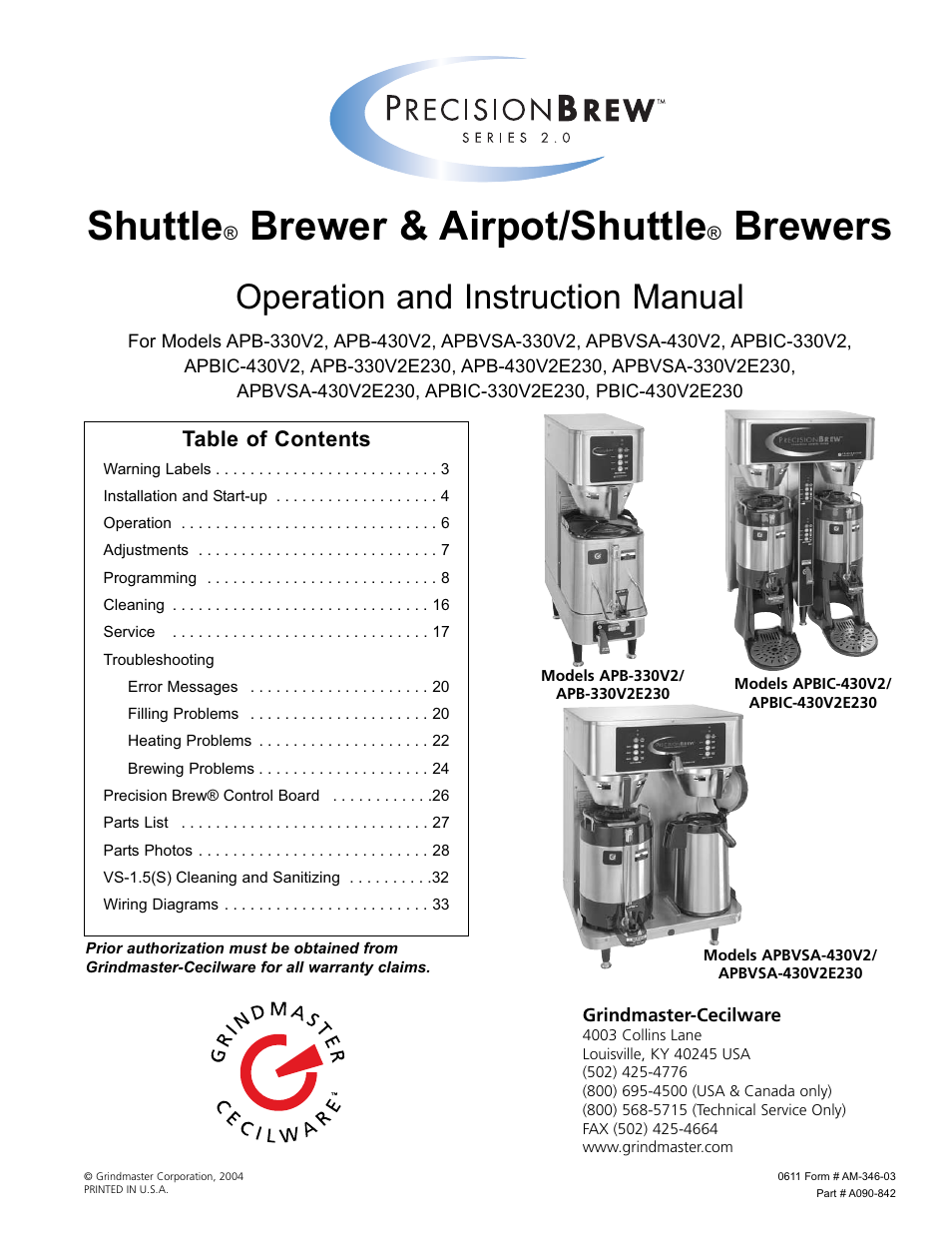 Grindmaster SHUTTLE BREWER APBVSA-430V2E230 User Manual | 44 pages