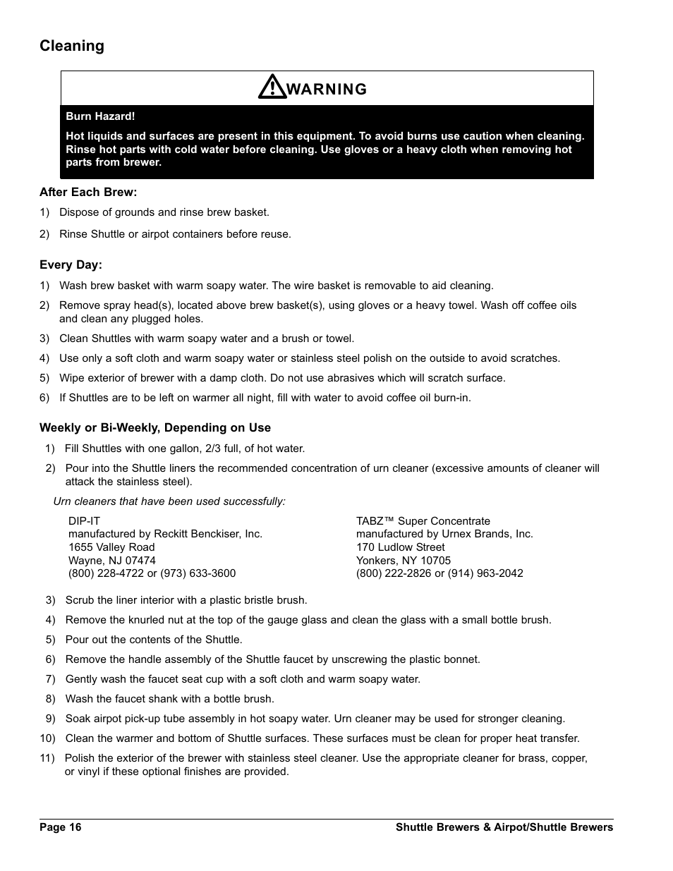 Cleaning warning | Grindmaster SHUTTLE BREWER APBVSA-430V2E230 User Manual | Page 16 / 44