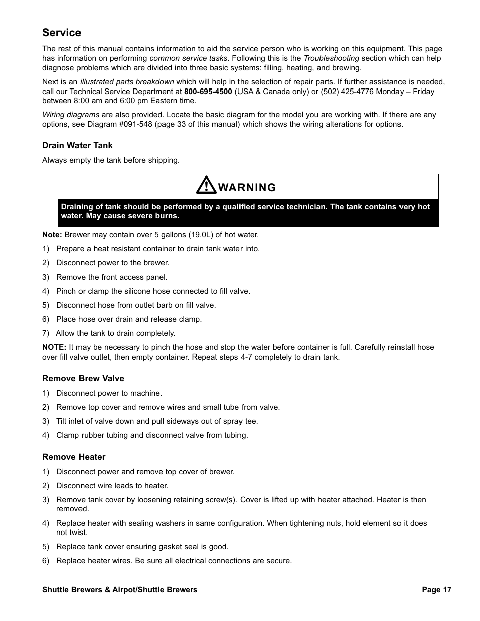 Service, Warning | Grindmaster SHUTTLE BREWER APBVSA-430V2E230 User Manual | Page 17 / 44