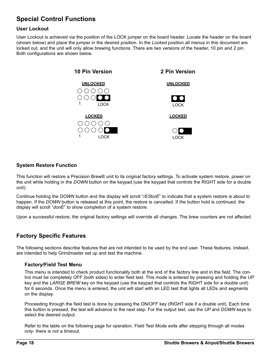 Special control functions, Factory specific features | Grindmaster SHUTTLE BREWER APBVSA-430V2E230 User Manual | Page 18 / 44